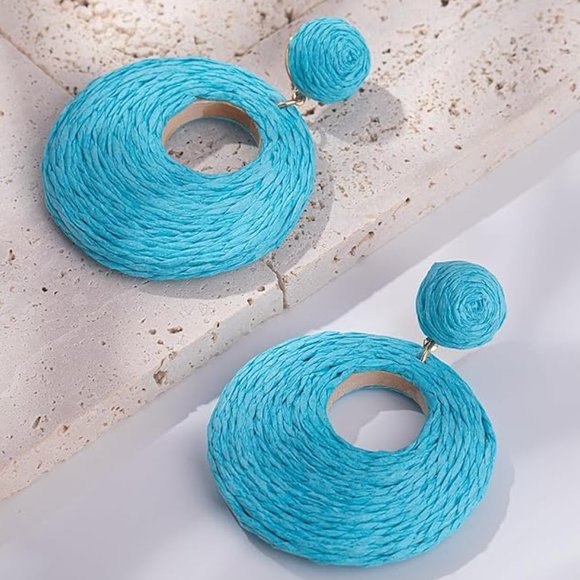 Teal Blue Rattan Earrings Chunky Wicker Raffia Dangle Hoop Beachy Vacation New - Picture 7 of 8